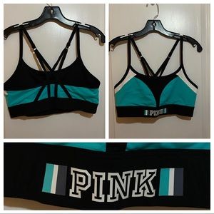 PINK teal black and white sports bra